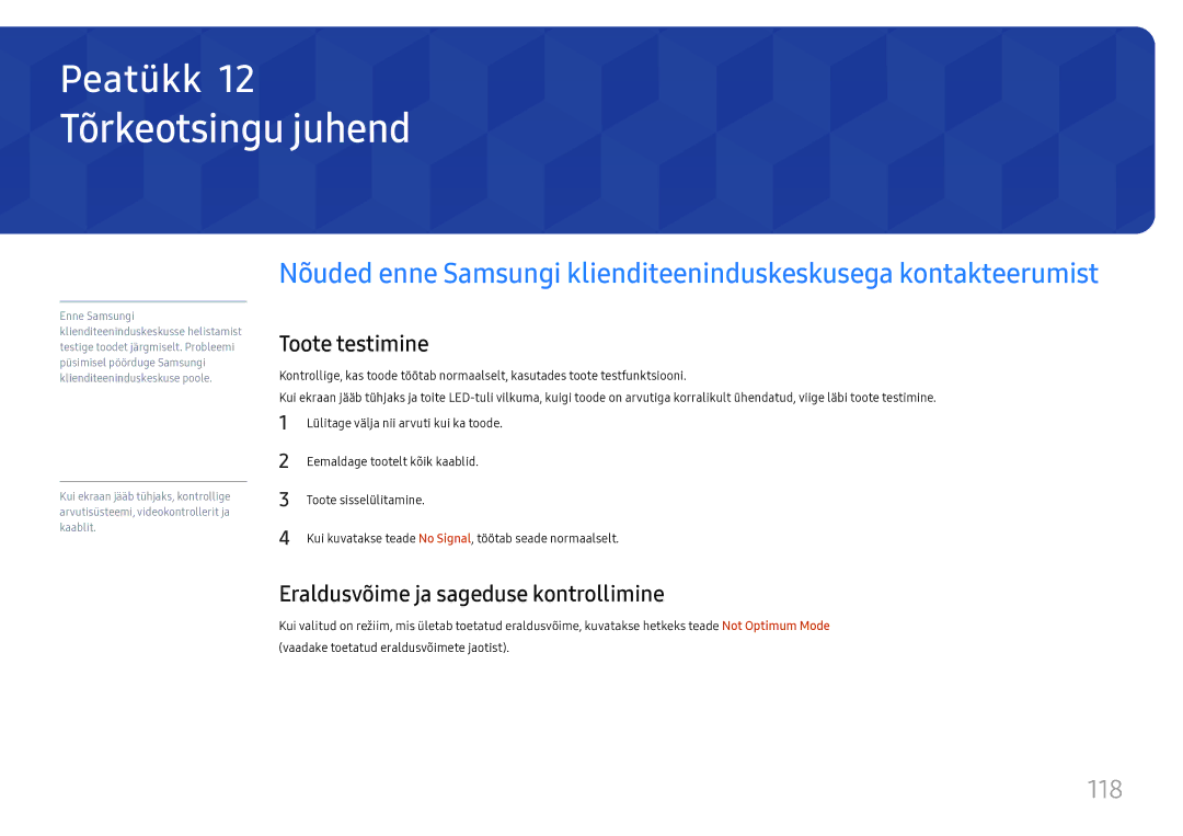 Samsung LH43DCJPLGC/EN, LH49DCJPLGC/EN Tõrkeotsingu juhend, 118, Toote testimine, Eraldusvõime ja sageduse kontrollimine 