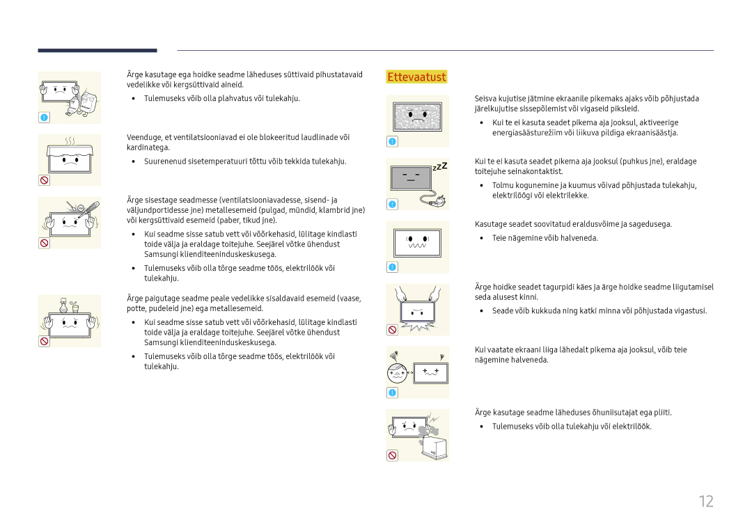 Samsung LH49DCJPLGC/EN, LH43DCJPLGC/EN, LH49DCHPLGC/EN manual Või kergsüttivaid esemeid paber, tikud jne 