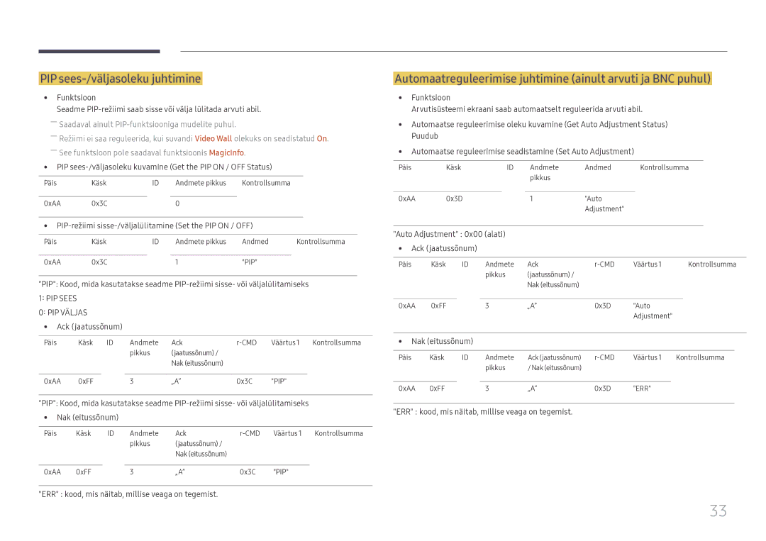 Samsung LH49DCJPLGC/EN manual PIP sees-/väljasoleku juhtimine, Automaatreguleerimise juhtimine ainult arvuti ja BNC puhul 