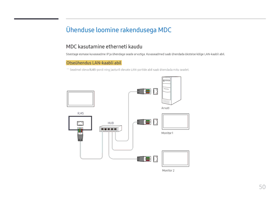 Samsung LH49DCHPLGC/EN manual Ühenduse loomine rakendusega MDC, MDC kasutamine etherneti kaudu, Otseühendus LAN-kaabli abil 