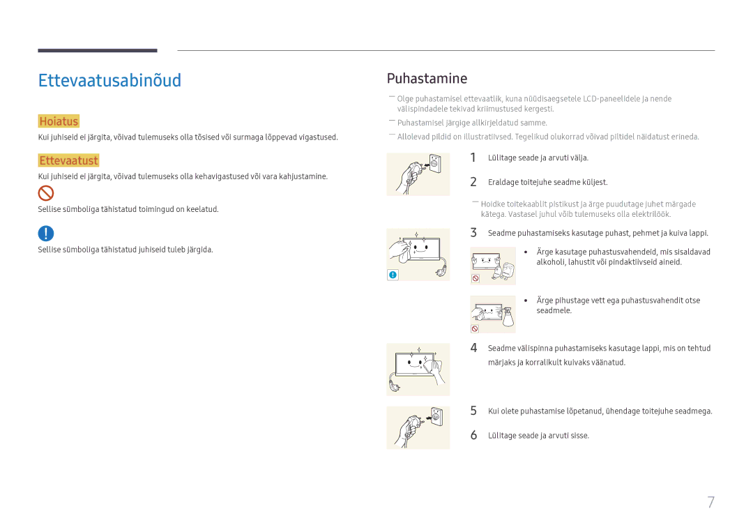 Samsung LH43DCJPLGC/EN, LH49DCJPLGC/EN, LH49DCHPLGC/EN manual Ettevaatusabinõud, Puhastamine, Lülitage seade ja arvuti välja 