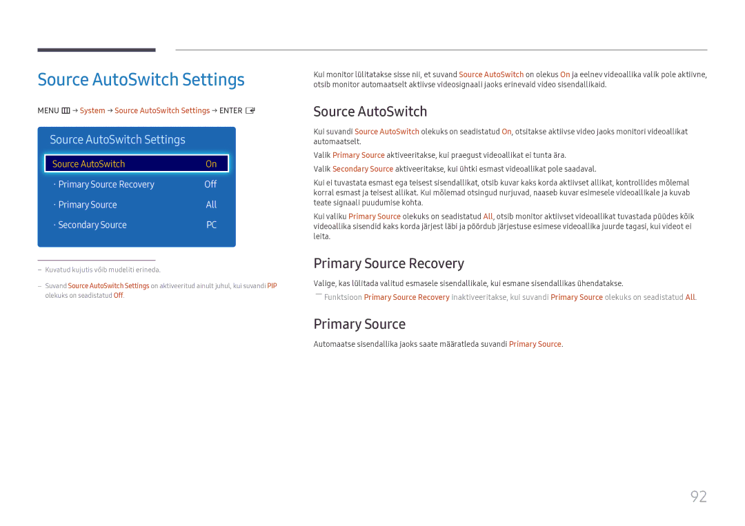 Samsung LH49DCHPLGC/EN, LH49DCJPLGC/EN, LH43DCJPLGC/EN manual Source AutoSwitch Settings, Primary Source Recovery 