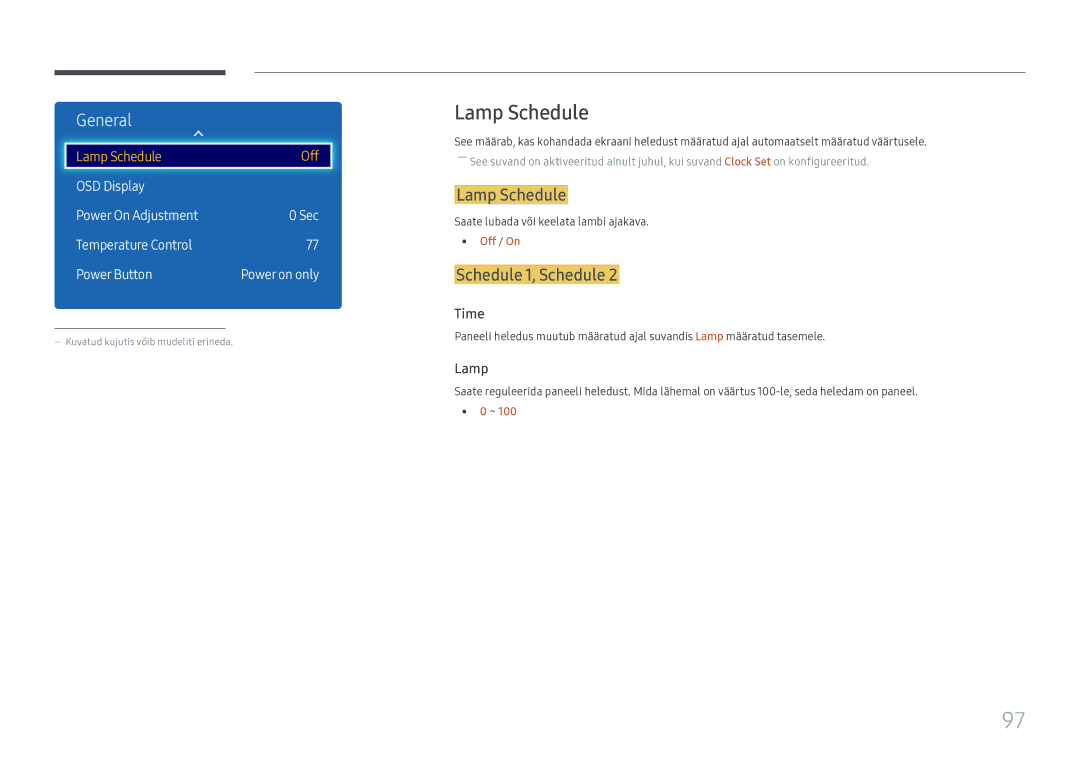 Samsung LH43DCJPLGC/EN, LH49DCJPLGC/EN manual Lamp Schedule, Schedule 1, Schedule, Saate lubada või keelata lambi ajakava 