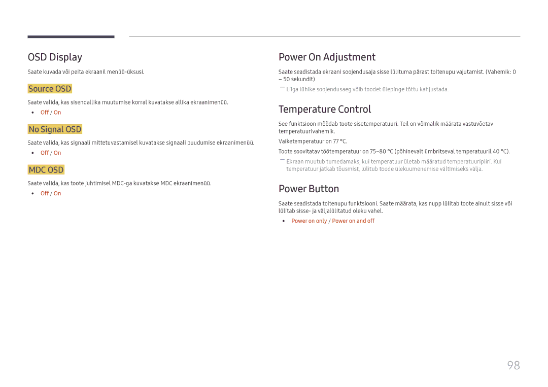 Samsung LH49DCHPLGC/EN, LH49DCJPLGC/EN, LH43DCJPLGC/EN OSD Display, Power On Adjustment, Temperature Control, Power Button 