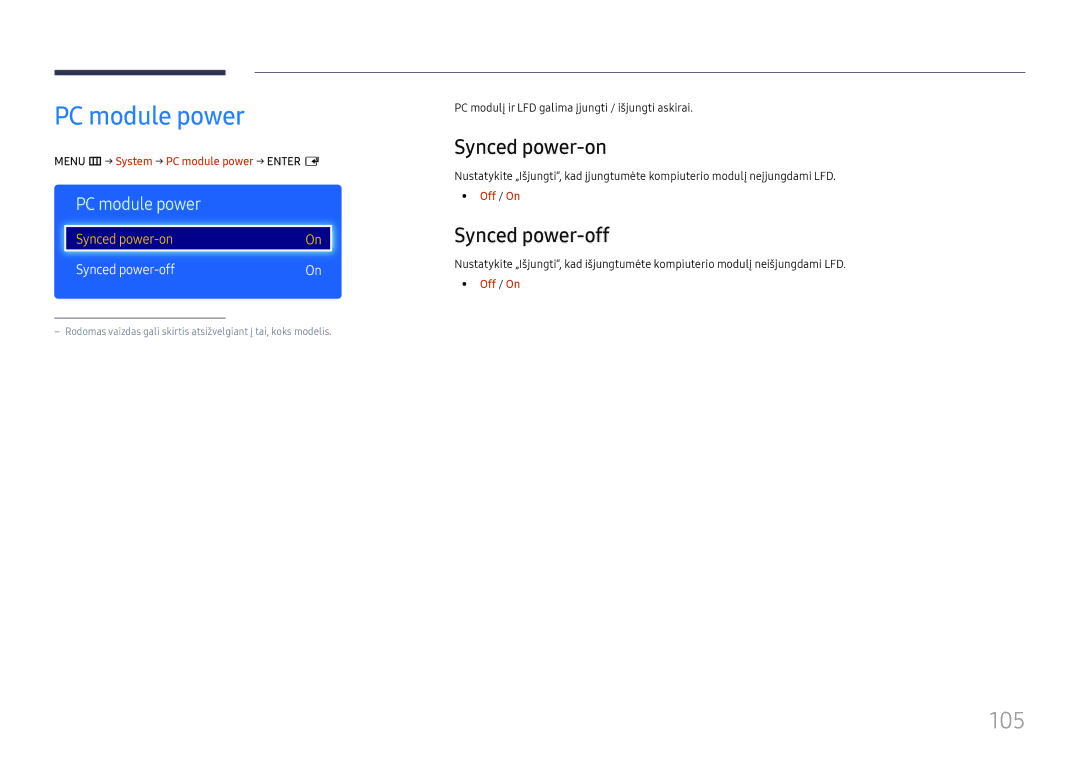 Samsung LH49DCJPLGC/EN, LH43DCJPLGC/EN, LH49DCHPLGC/EN manual PC module power, 105, Synced power-on, Synced power-off 