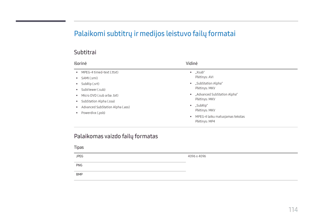 Samsung LH49DCJPLGC/EN, LH43DCJPLGC/EN manual Palaikomi subtitrų ir medijos leistuvo failų formatai, 114, Subtitrai 