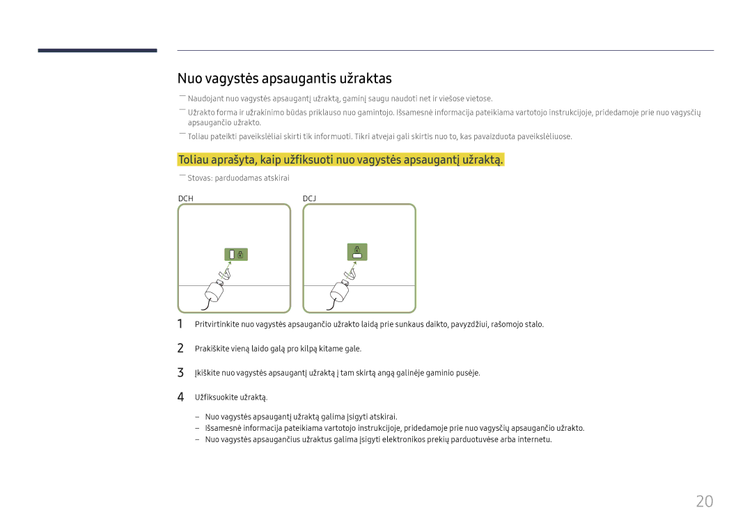 Samsung LH49DCHPLGC/EN, LH49DCJPLGC/EN, LH43DCJPLGC/EN manual Nuo vagystės apsaugantis užraktas 