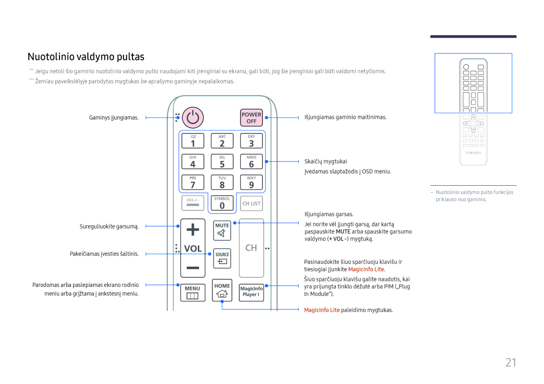 Samsung LH49DCJPLGC/EN, LH43DCJPLGC/EN, LH49DCHPLGC/EN manual Nuotolinio valdymo pultas 