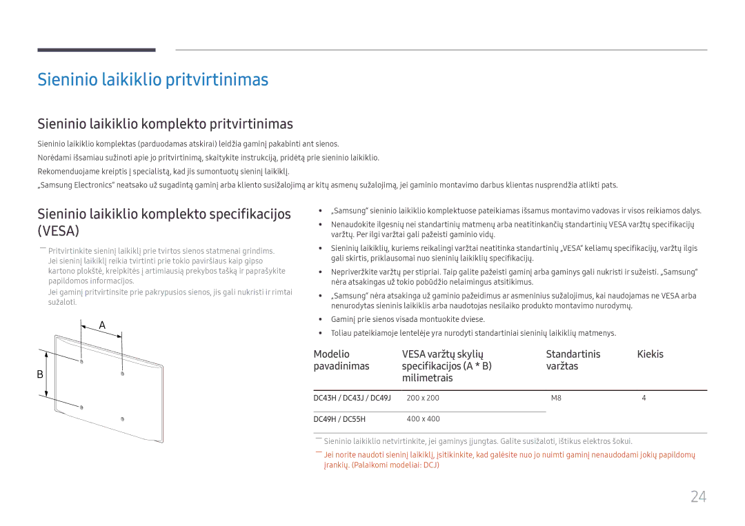 Samsung LH49DCJPLGC/EN manual Sieninio laikiklio pritvirtinimas, Sieninio laikiklio komplekto pritvirtinimas, DC49H / DC55H 