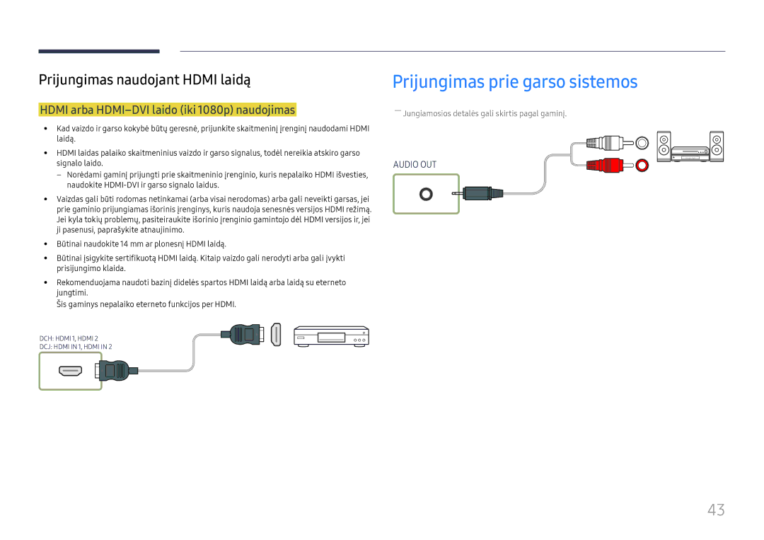 Samsung LH43DCJPLGC/EN, LH49DCJPLGC/EN manual Prijungimas prie garso sistemos, Hdmi arba HDMI-DVI laido iki 1080p naudojimas 