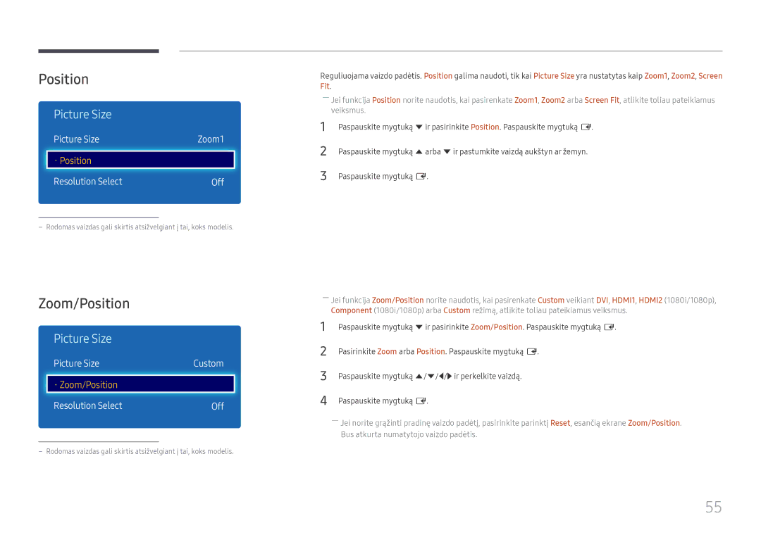 Samsung LH43DCJPLGC/EN, LH49DCJPLGC/EN, LH49DCHPLGC/EN manual Zoom/Position, Picture Size, Resolution Select Off 