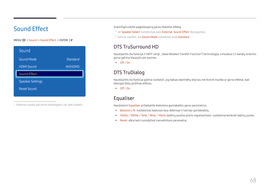 Samsung LH49DCHPLGC/EN manual Sound Effect, DTS TruSurround HD, DTS TruDialog, Equaliser, Speaker Settings Reset Sound 