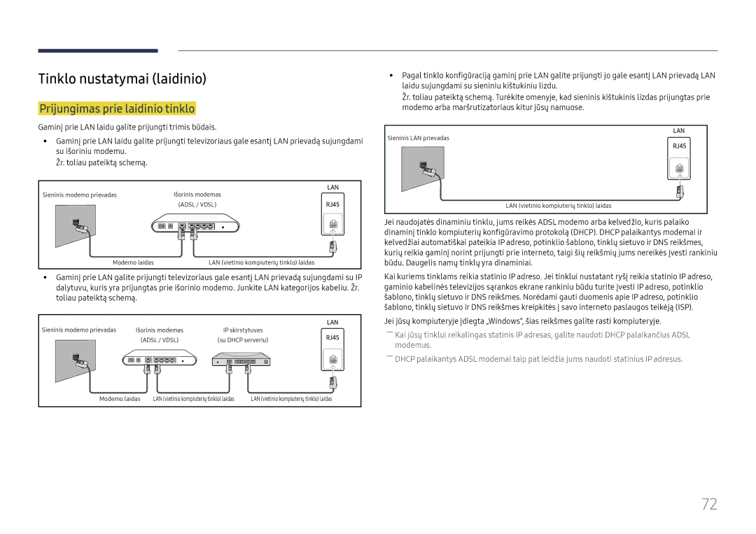 Samsung LH49DCJPLGC/EN, LH43DCJPLGC/EN, LH49DCHPLGC/EN manual Tinklo nustatymai laidinio, Prijungimas prie laidinio tinklo 