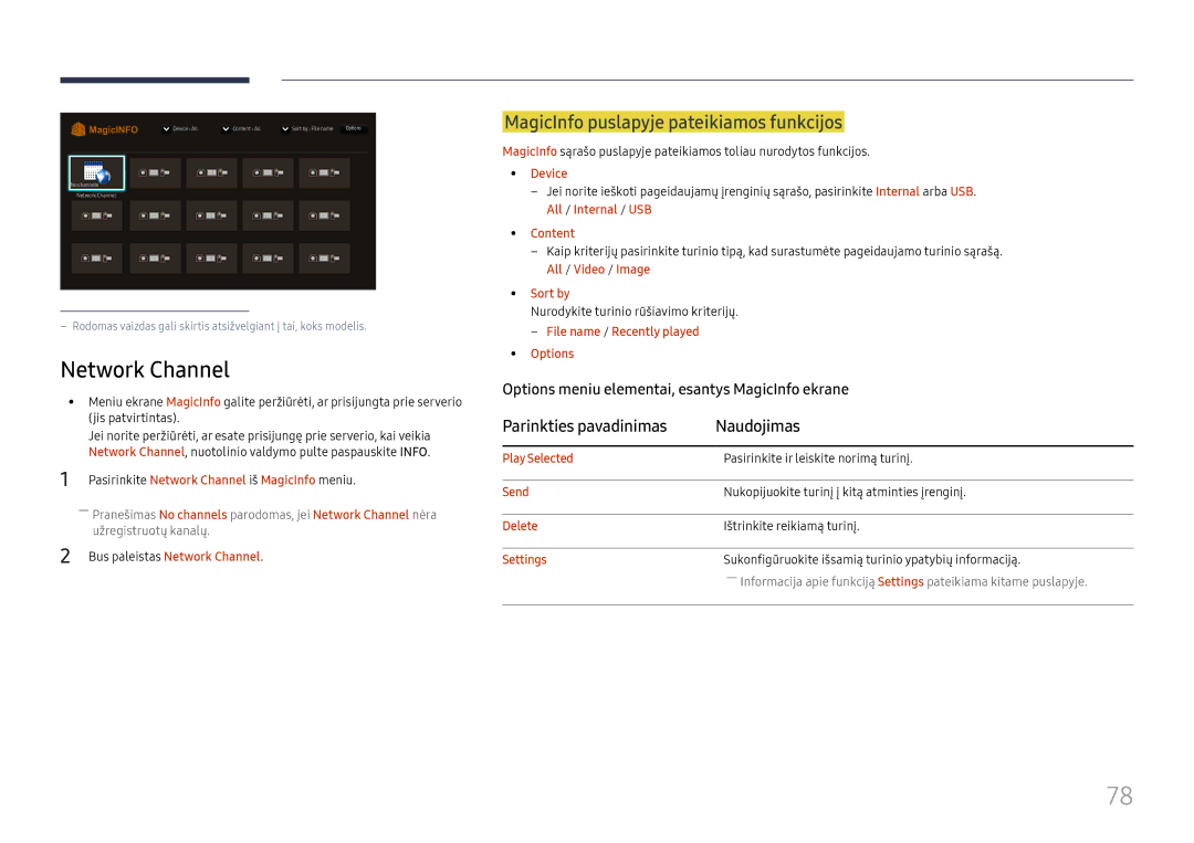 Samsung LH49DCJPLGC/EN manual Network Channel, MagicInfo puslapyje pateikiamos funkcijos, Parinkties pavadinimas Naudojimas 