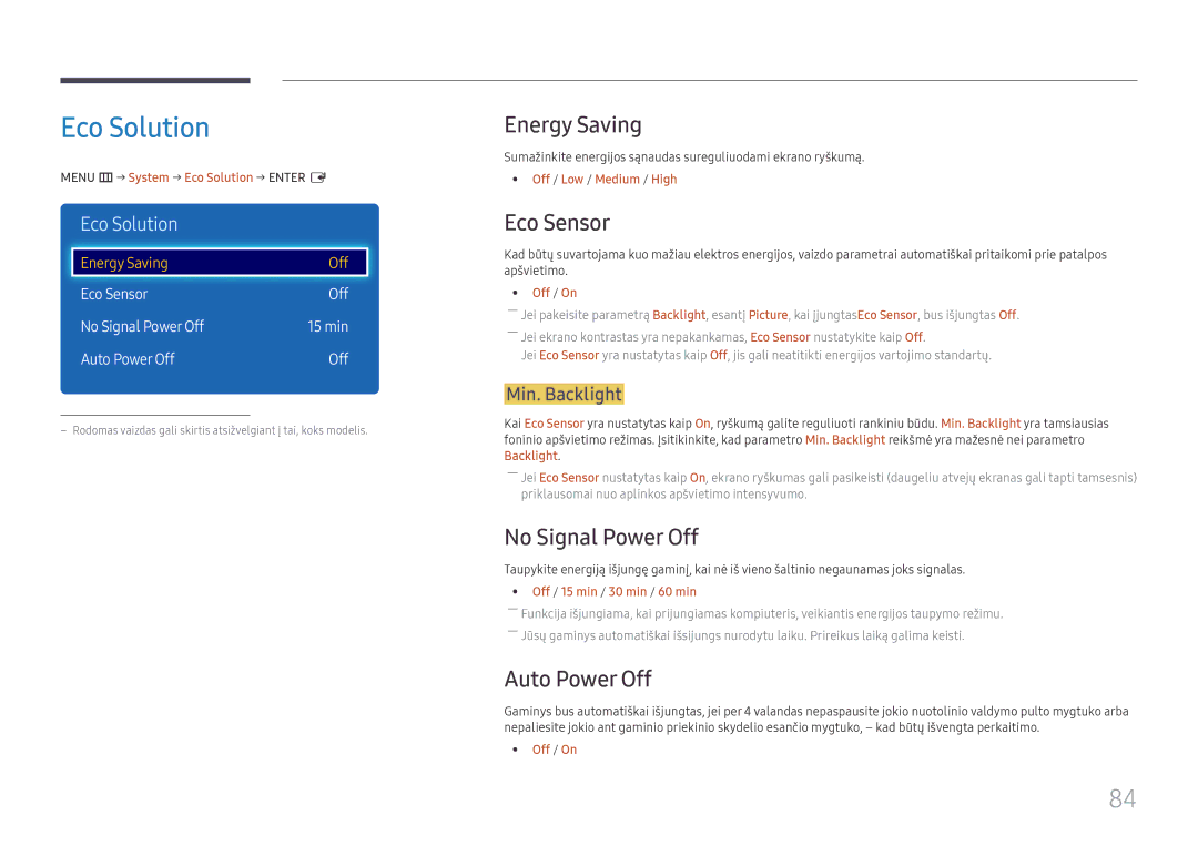 Samsung LH49DCJPLGC/EN, LH43DCJPLGC/EN manual Eco Solution, Energy Saving, Eco Sensor, No Signal Power Off, Auto Power Off 