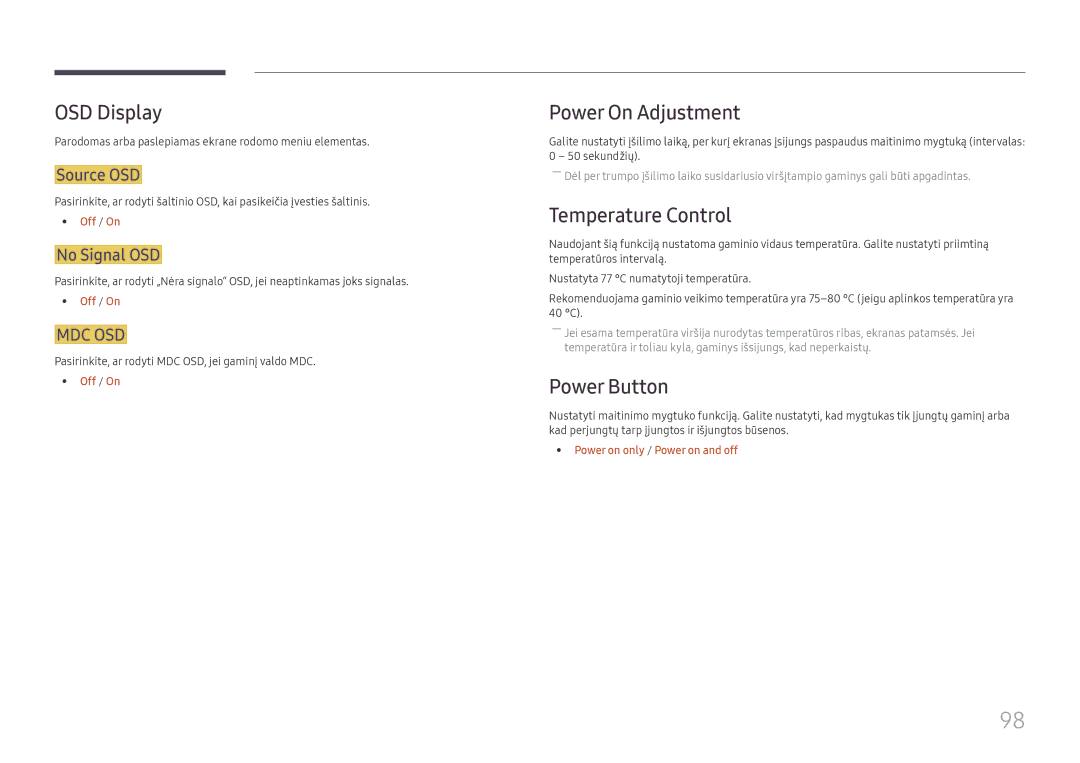 Samsung LH49DCHPLGC/EN, LH49DCJPLGC/EN, LH43DCJPLGC/EN OSD Display, Power On Adjustment, Temperature Control, Power Button 