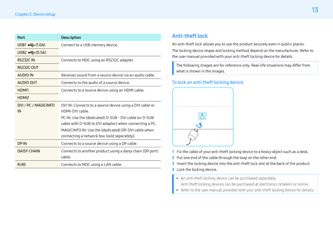 Samsung LH43PHFPBGC/CH, LH49PMFPBGC/EN manual Anti-theft lock, To lock an anti-theft locking device, Port Description, RJ45 