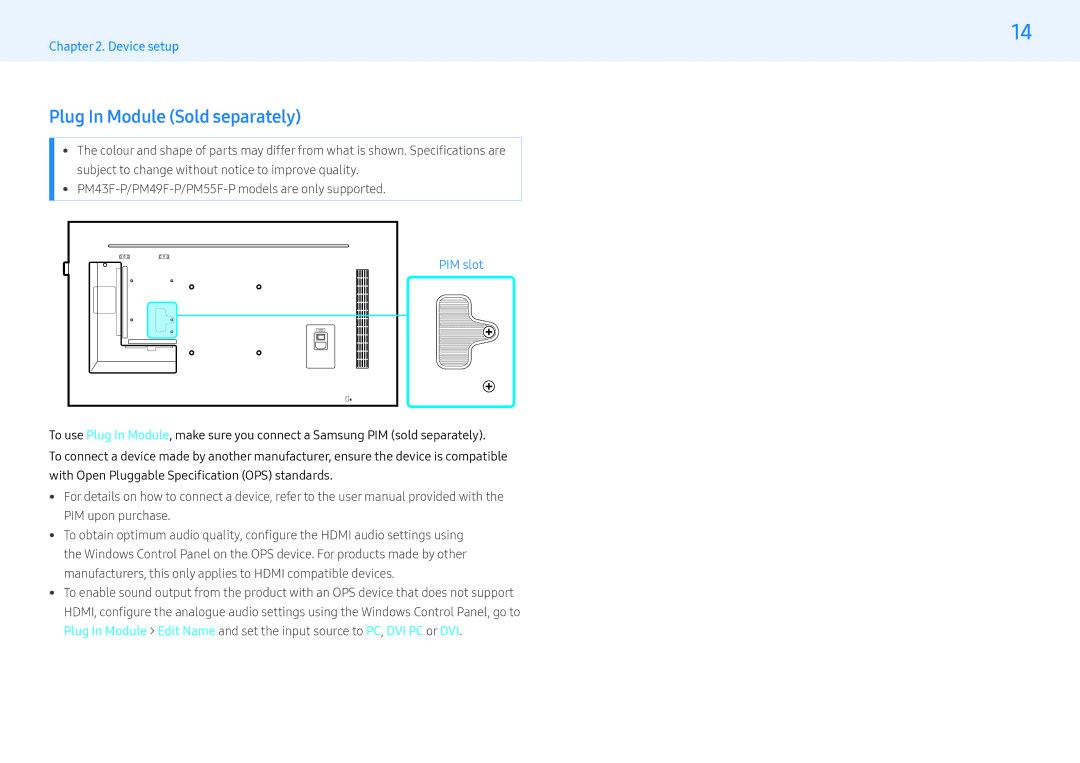 Samsung LH55PMFPBGC/CH, LH49PMFPBGC/EN, LH55PHFPMGC/EN, LH55PHFPBGC/EN manual Plug In Module Sold separately, PIM slot 