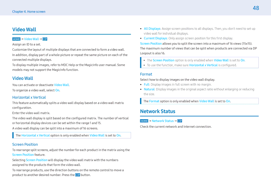 Samsung LH32PMFPBGC/EN, LH49PMFPBGC/EN, LH55PHFPMGC/EN, LH55PHFPBGC/EN, LH43PHFPBGC/EN manual Video Wall, Network Status 