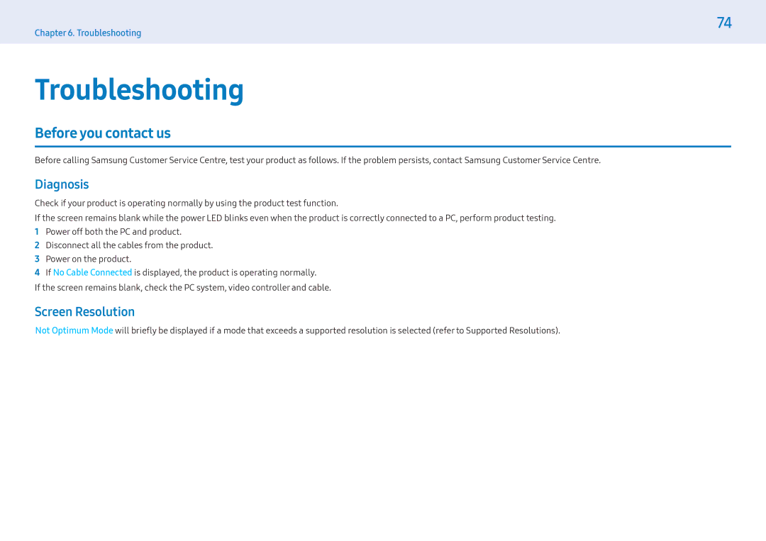 Samsung LH55PMFPBGC/CH, LH49PMFPBGC/EN, LH55PHFPMGC/EN Troubleshooting, Before you contact us, Diagnosis, Screen Resolution 