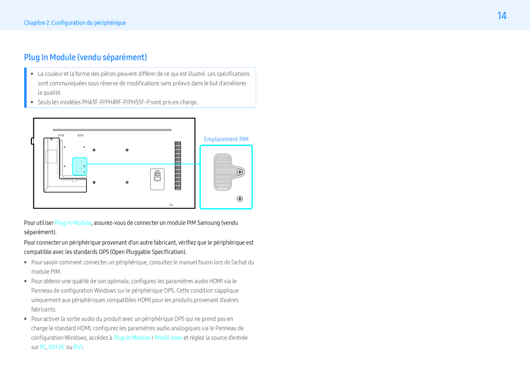 Samsung LH49PHFPBGC/EN, LH49PMFPBGC/EN, LH55PHFPMGC/EN, LH55PHFPBGC/EN manual Plug In Module vendu séparément, Emplacement PIM 