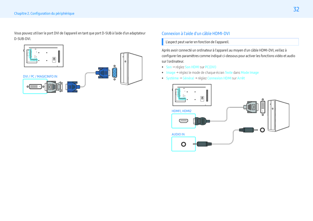 Samsung LH49PHFPBGC/EN, LH49PMFPBGC/EN manual Connexion à laide dun câble HDMI-DVI,  Son → réglez Son Hdmi sur Pcdvi 