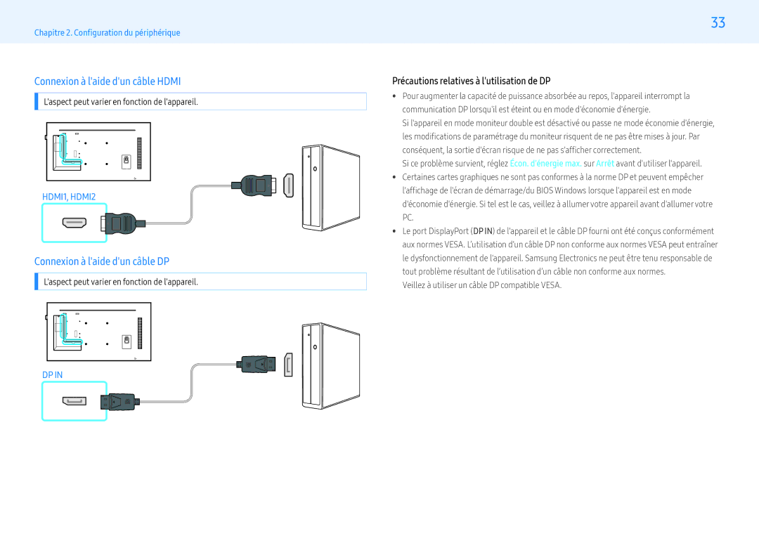 Samsung LH55PMFPBGC/EN, LH49PMFPBGC/EN, LH55PHFPMGC/EN Connexion à laide dun câble Hdmi, Connexion à laide dun câble DP 