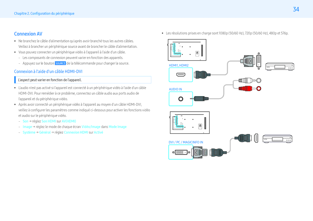 Samsung LH43PMFPBGC/EN, LH49PMFPBGC/EN, LH55PHFPMGC/EN, LH55PHFPBGC/EN Connexion AV, ‒‒ Son → réglez Son Hdmi sur Avhdmi 