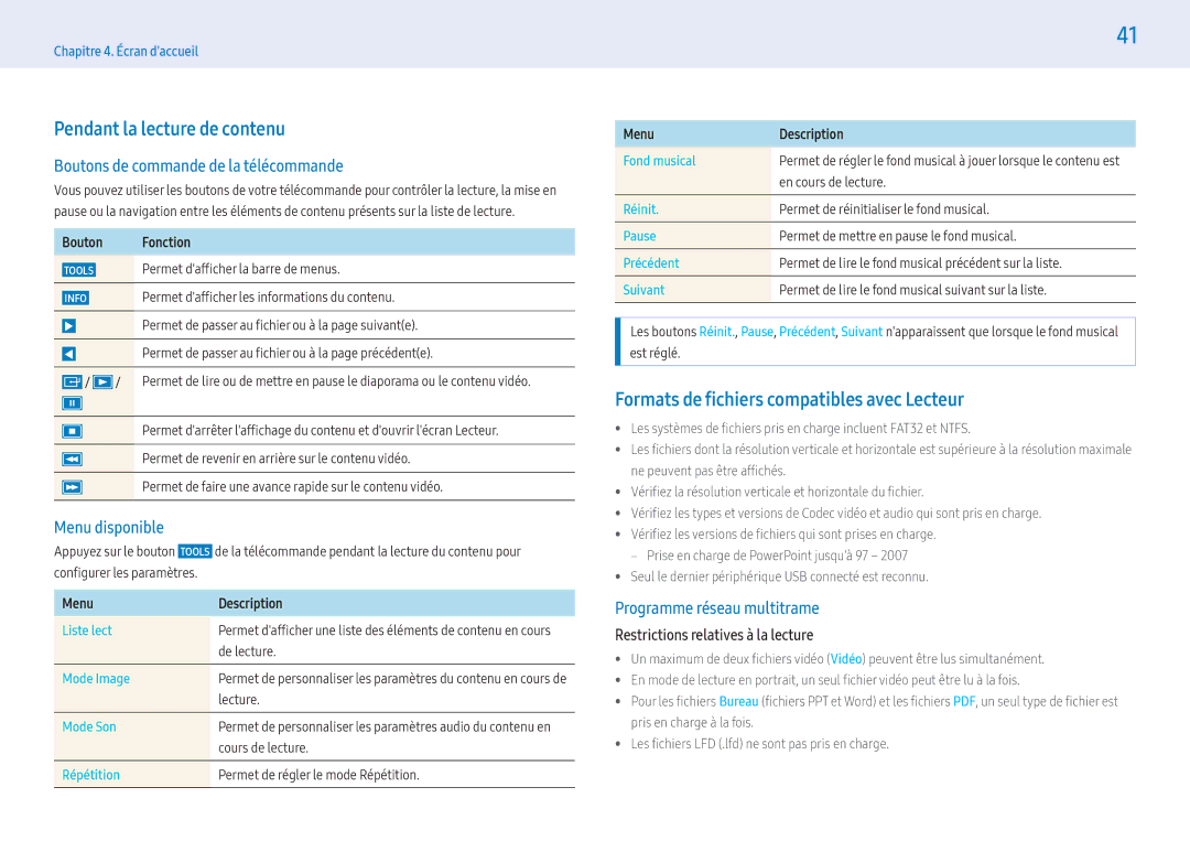 Samsung LH49PHFPBGC/EN manual Pendant la lecture de contenu, Formats de fichiers compatibles avec Lecteur, Menu disponible 