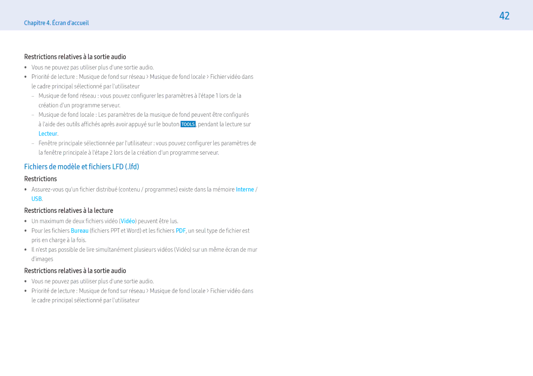 Samsung LH55PMFPBGC/EN manual Fichiers de modèle et fichiers LFD .lfd, Restrictions relatives à la sortie audio, Lecteur 