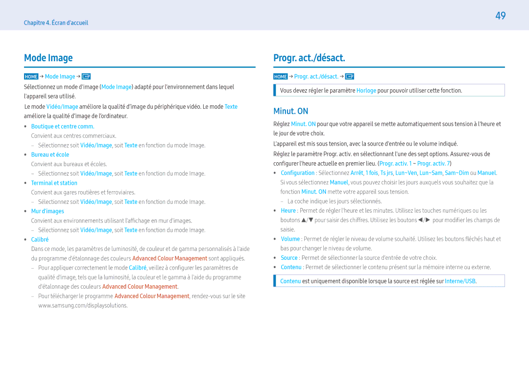 Samsung LH43PHFPMGC/EN, LH49PMFPBGC/EN, LH55PHFPMGC/EN, LH55PHFPBGC/EN manual Mode Image, Progr. act./désact, Minut. on 