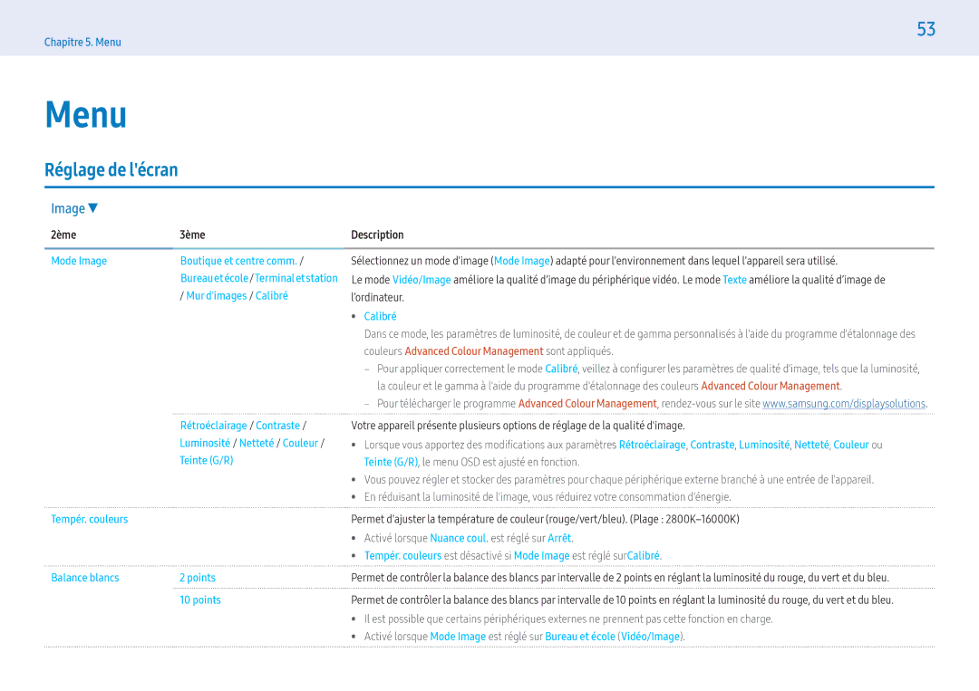 Samsung LH32PMFPBGC/EN, LH49PMFPBGC/EN, LH55PHFPMGC/EN, LH55PHFPBGC/EN, LH43PHFPBGC/EN manual Menu, Réglage de lécran, Image 