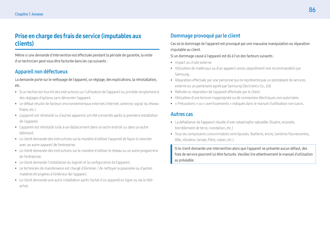 Samsung LH49PHFPBGC/EN Prise en charge des frais de service imputables aux clients, Appareil non défectueux, Autres cas 