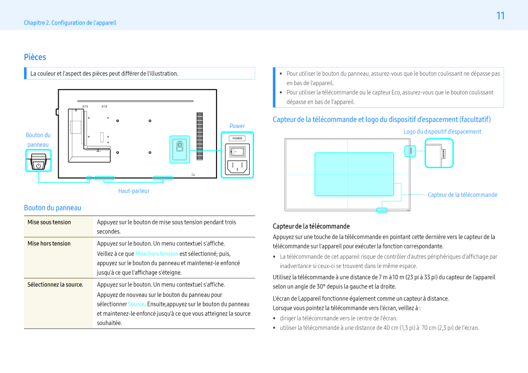 Samsung LH55PHFPMGC/EN manual Pièces, Bouton du panneau, Capteur de la télécommande, Mise sous tension, Mise hors tension 