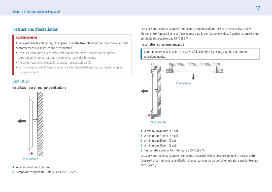 Samsung LH55PMFPBGC/EN, LH49PMFPBGC/EN Instructions dinstallation, Ventilation, Installation sur un mur perpendiculaire 