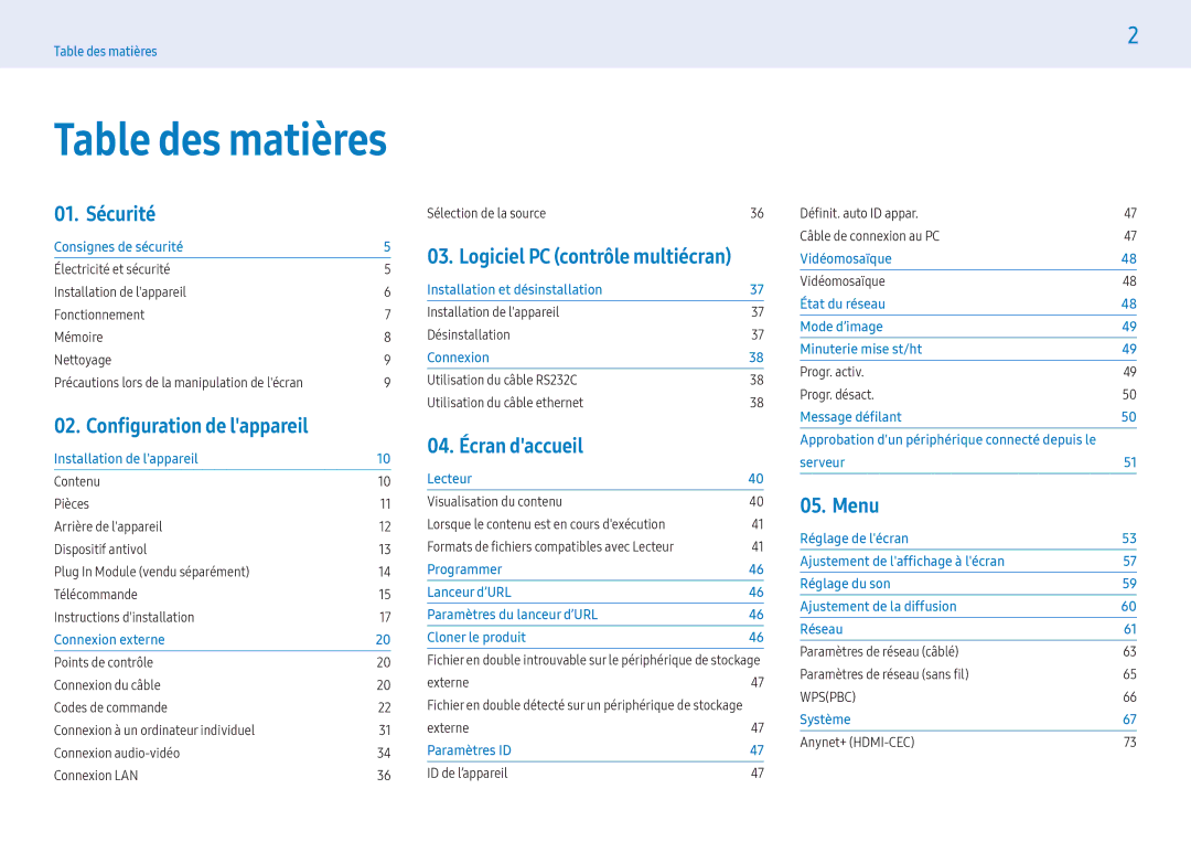 Samsung LH55PHFPBGC/EN, LH49PMFPBGC/EN, LH55PHFPMGC/EN, LH43PHFPBGC/EN, LH43PHFPMGC/EN, LH49PHFPBGC/EN manual Table des matières 