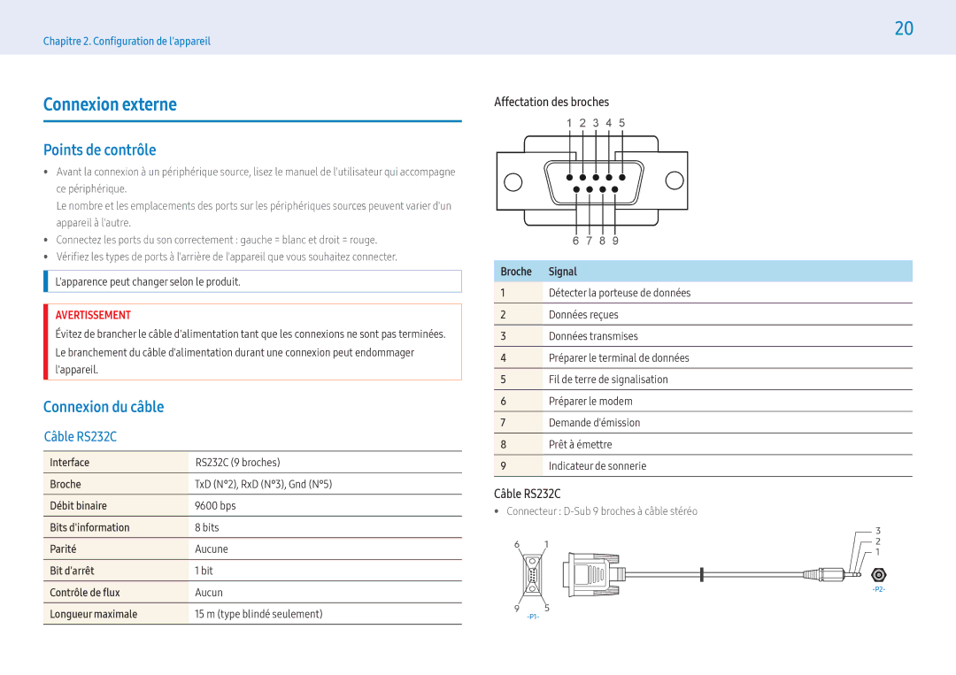 Samsung LH49PMFPBGC/EN manual Connexion externe, Points de contrôle, Affectation des broches, Câble RS232C, Broche Signal 