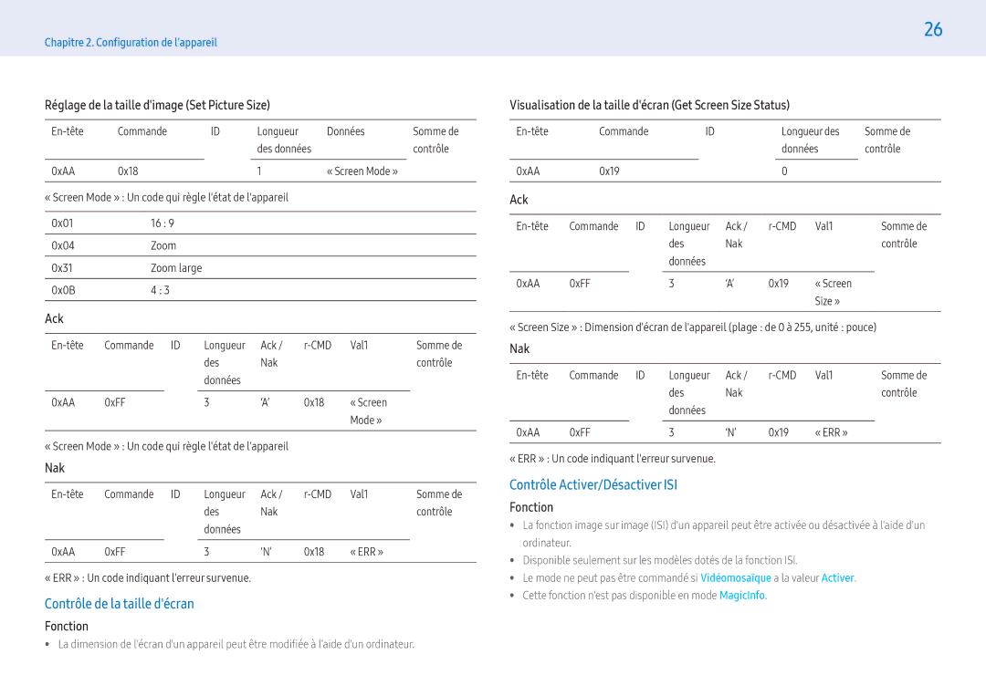 Samsung LH49PHFPMGC/EN, LH49PMFPBGC/EN, LH55PHFPMGC/EN manual Contrôle de la taille décran, Contrôle Activer/Désactiver ISI 