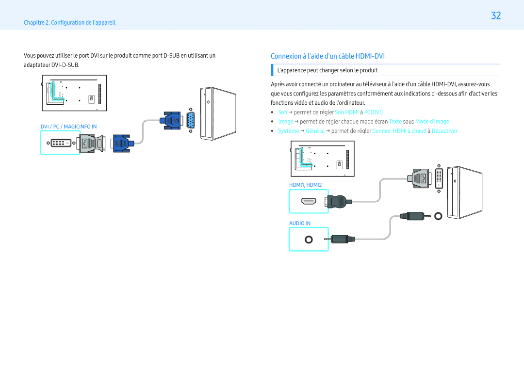 Samsung LH55PHFPBGC/EN, LH49PMFPBGC/EN, LH55PHFPMGC/EN, LH43PHFPBGC/EN, LH43PHFPMGC/EN Connexion à laide dun câble HDMI-DVI 