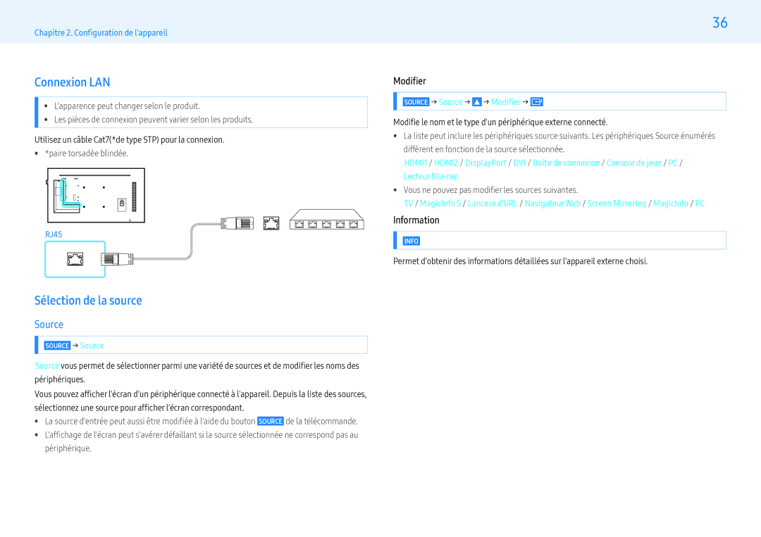 Samsung LH49PHFPMGC/EN, LH49PMFPBGC/EN, LH55PHFPMGC/EN Connexion LAN, Sélection de la source, Source, Modifie, Information 