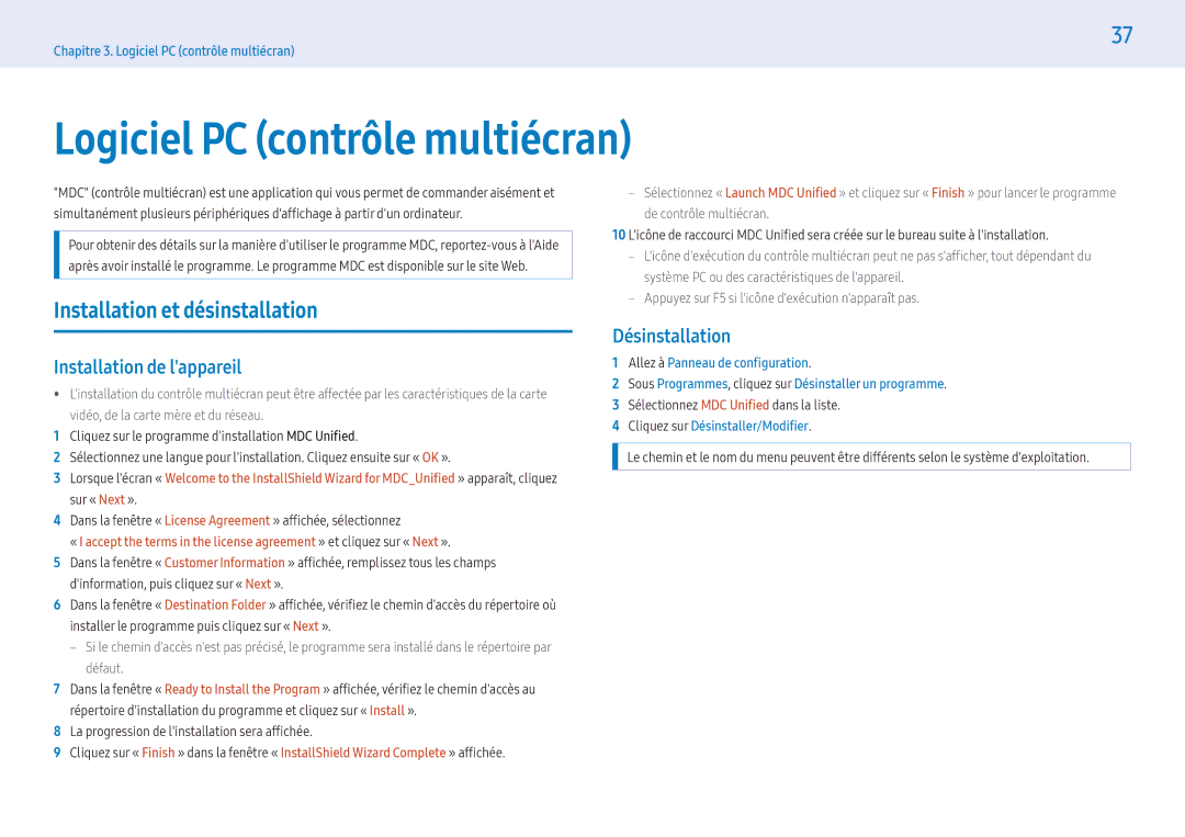 Samsung LH55PMFPBGC/EN, LH49PMFPBGC/EN Logiciel PC contrôle multiécran, Installation et désinstallation, Désinstallation 