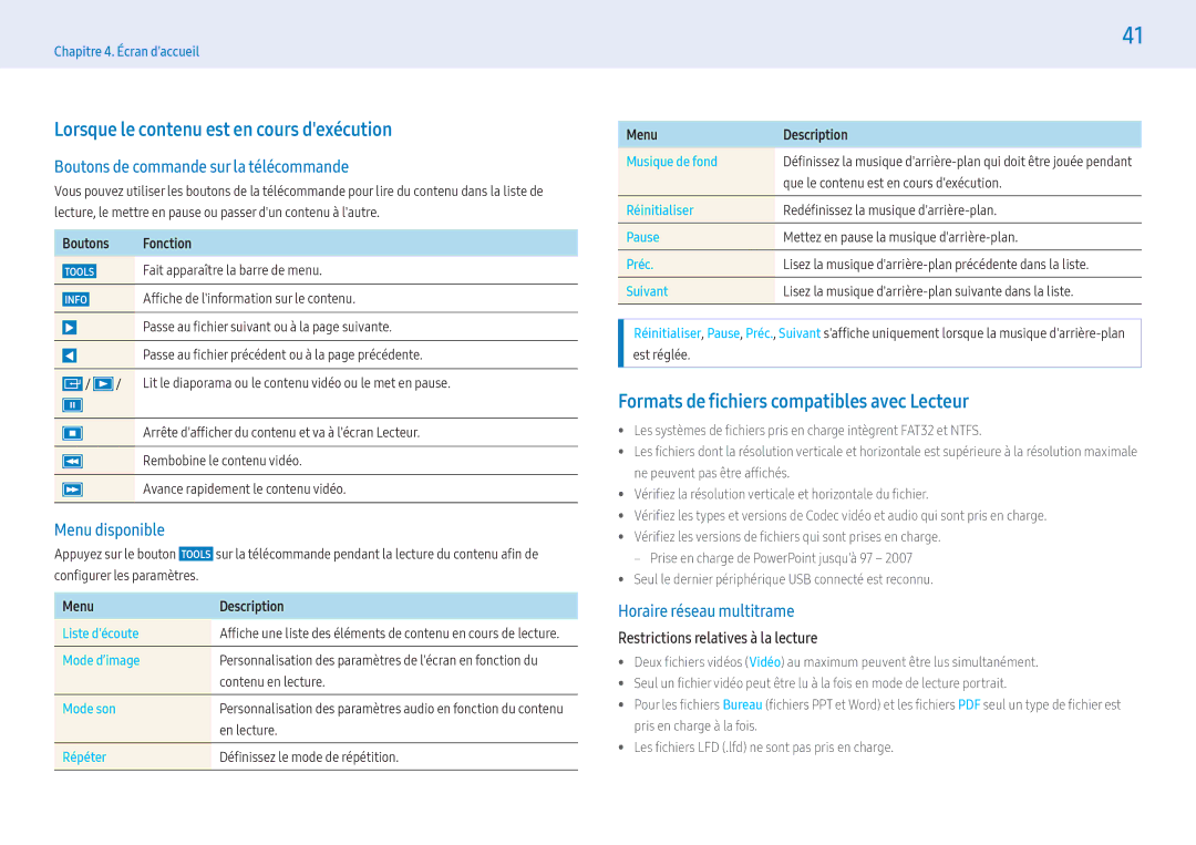 Samsung LH55PHFPMGC/EN manual Lorsque le contenu est en cours dexécution, Formats de fichiers compatibles avec Lecteur 