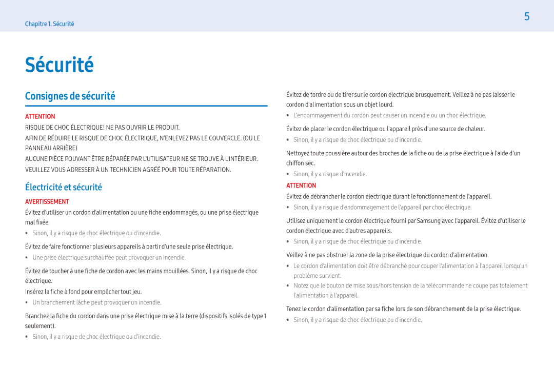 Samsung LH49PHFPBGC/EN, LH49PMFPBGC/EN, LH55PHFPMGC/EN manual Sécurité, Consignes de sécurité, Électricité et sécurité 