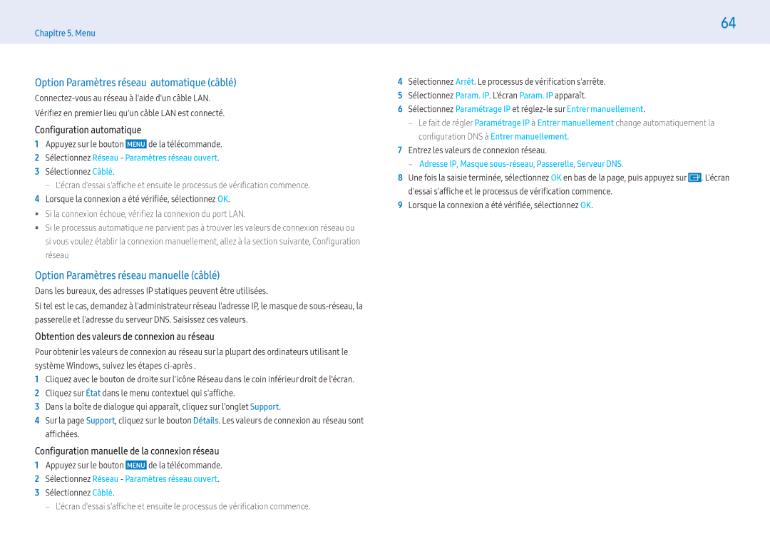 Samsung LH43PHFPMGC/EN, LH49PMFPBGC/EN Option Paramètres réseau automatique câblé, Option Paramètres réseau manuelle câblé 