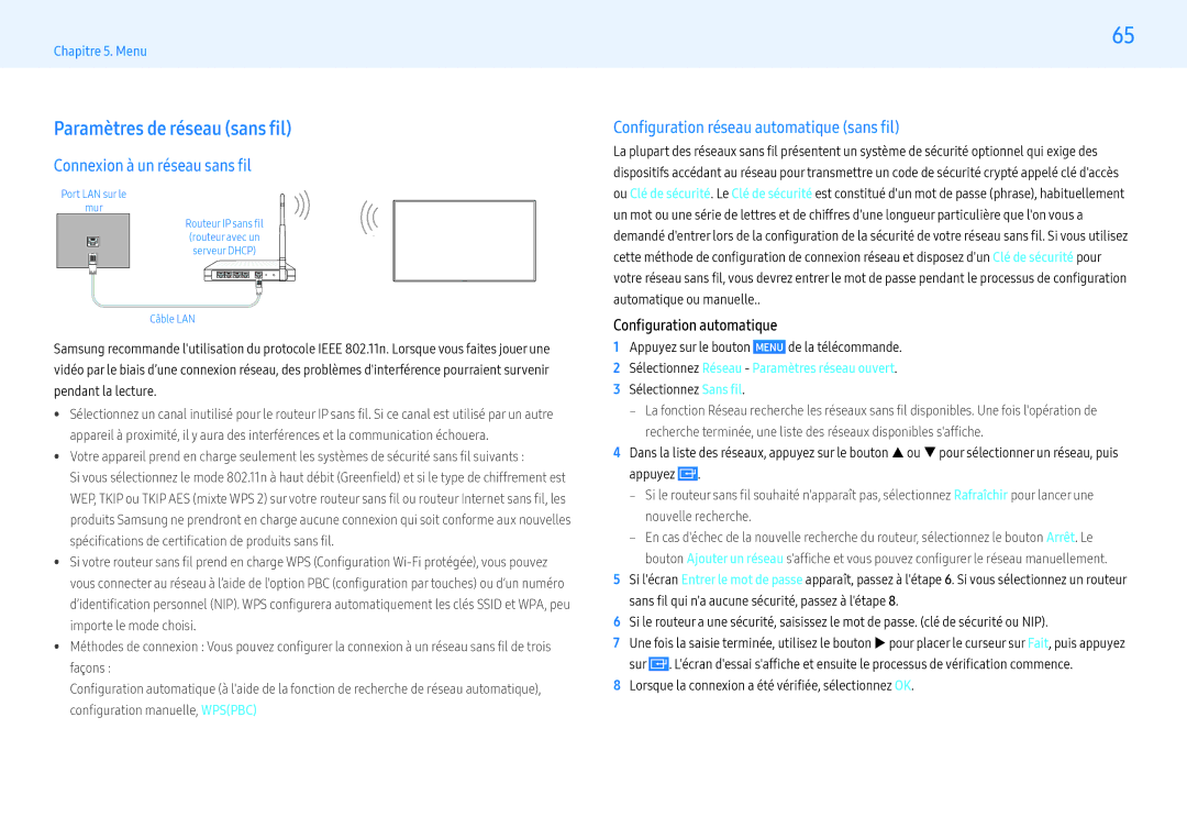 Samsung LH49PHFPBGC/EN, LH49PMFPBGC/EN Paramètres de réseau sans fil, Connexion à un réseau sans fi, Sélectionnez Sans fi 