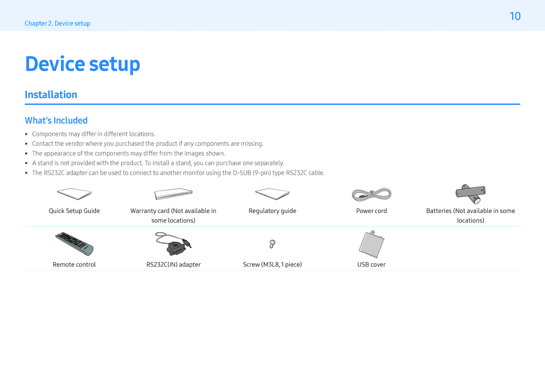 Samsung LH49PMFPBGC/EN, LH55PHFPMGC/EN, LH55PHFPBGC/EN, LH43PHFPBGC/EN manual Device setup, Installation, What’s Included 