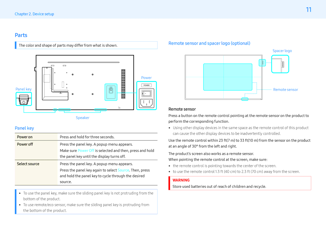 Samsung LH55PHFPMGC/EN, LH49PMFPBGC/EN, LH55PHFPBGC/EN manual Parts, Panel key, Remote sensor and spacer logo optional 