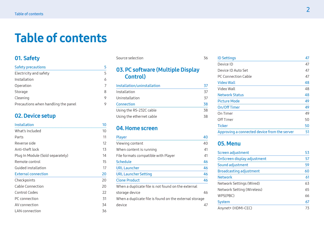 Samsung LH55PHFPBGC/EN, LH49PMFPBGC/EN, LH55PHFPMGC/EN, LH43PHFPBGC/EN, LH43PHFPMGC/EN, LH49PHFPBGC/EN manual Table of contents 