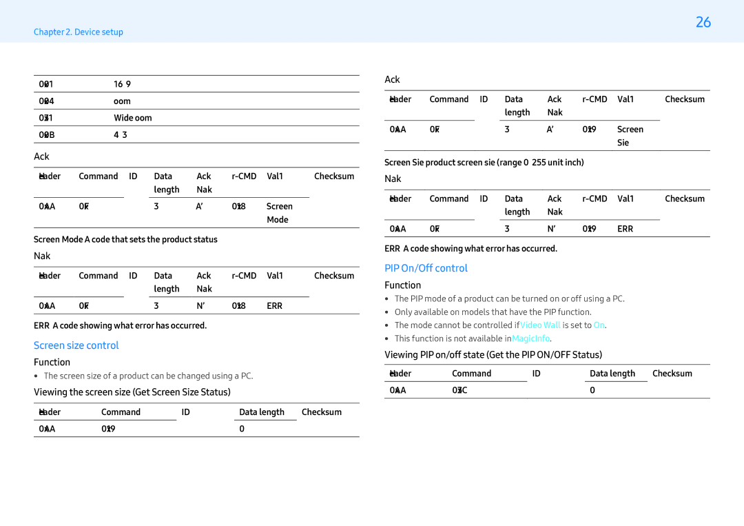 Samsung LH49PHFPMGC/EN manual Screen size control, PIP On/Off control, Viewing the screen size Get Screen Size Status 