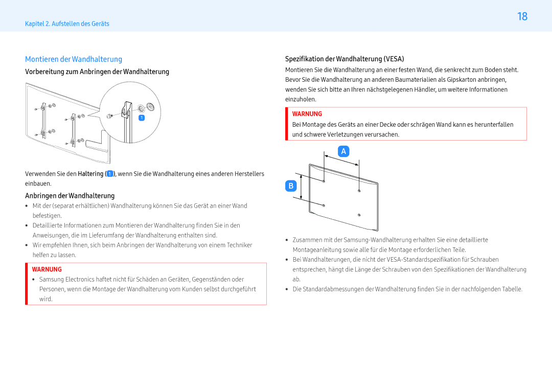 Samsung LH49PMFPBGC/EN, LH55PHFPMGC/EN manual Montieren derWandhalterung, Vorbereitung zum Anbringen derWandhalterung 